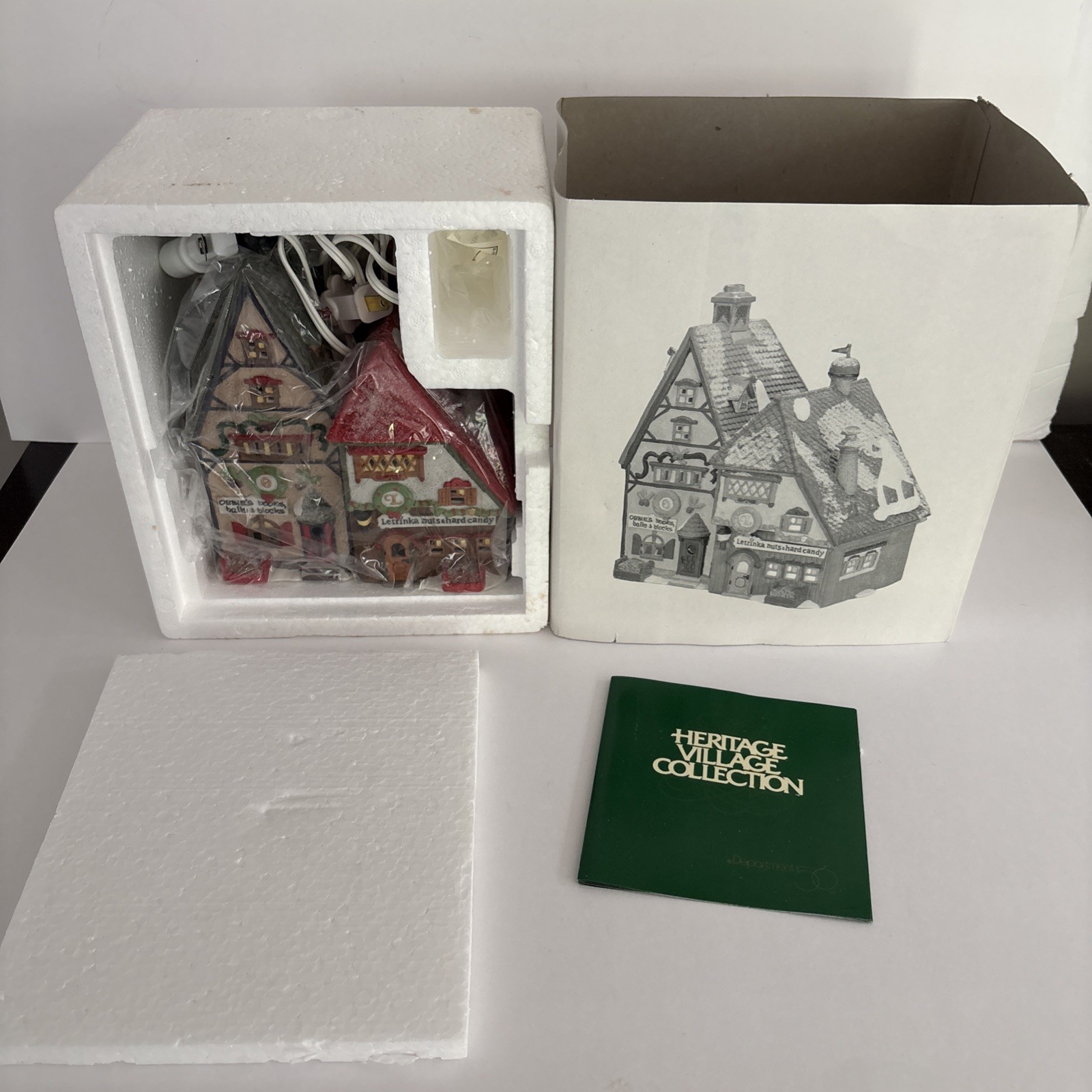 Dept 56 Heritage Village Obbies Books and Letrinkas Candy Open Box