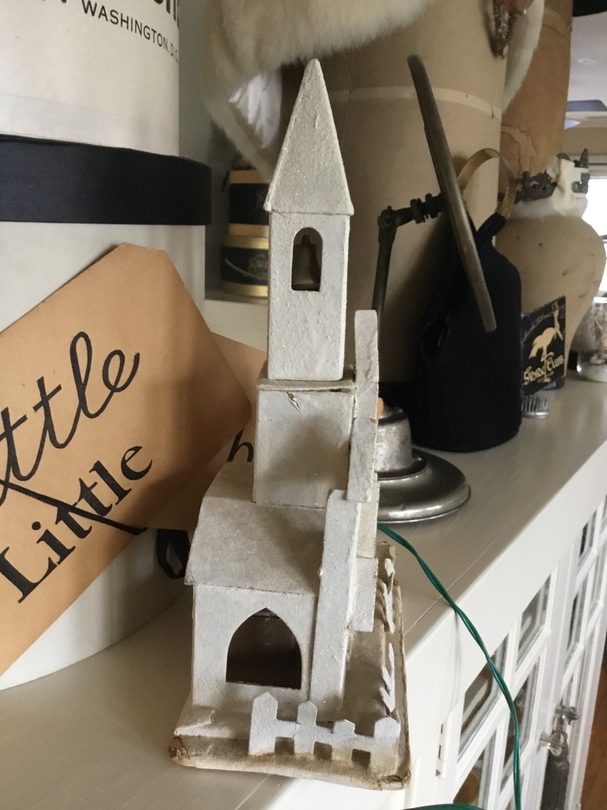 Vintage Christmas Putz Cardboard Light Up Church With Steeple 11” Tall AS IS