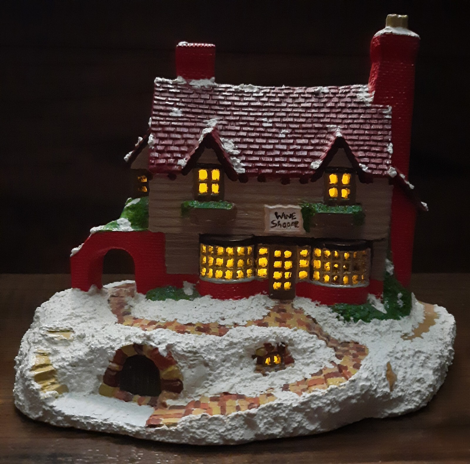 Christmas Village Hand-Painted Ceramic Bisque Wine Shop Light-Up Collectible