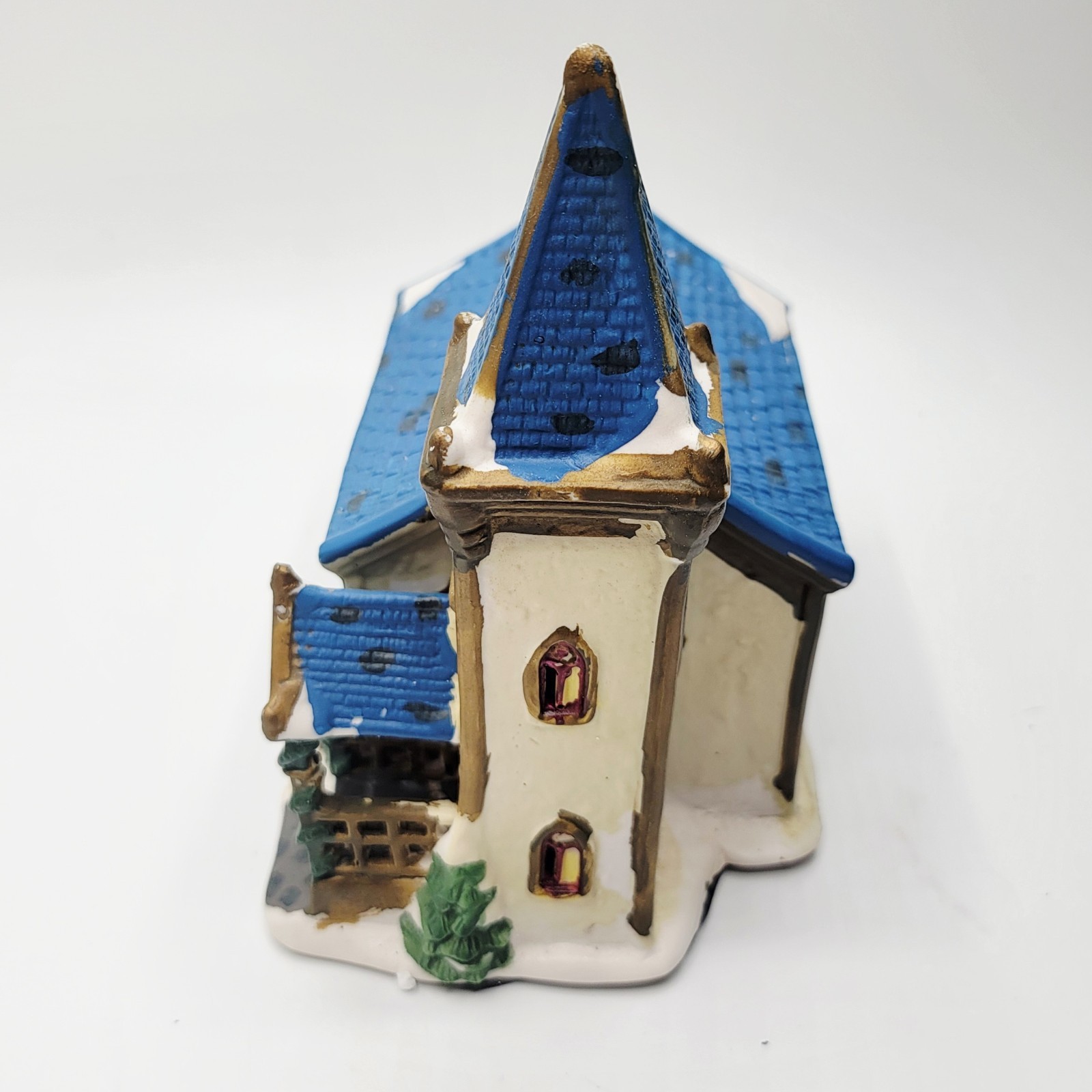 Hand Painted Ceramic Church Village Figurine Blue Roof Bell Tower Christmas