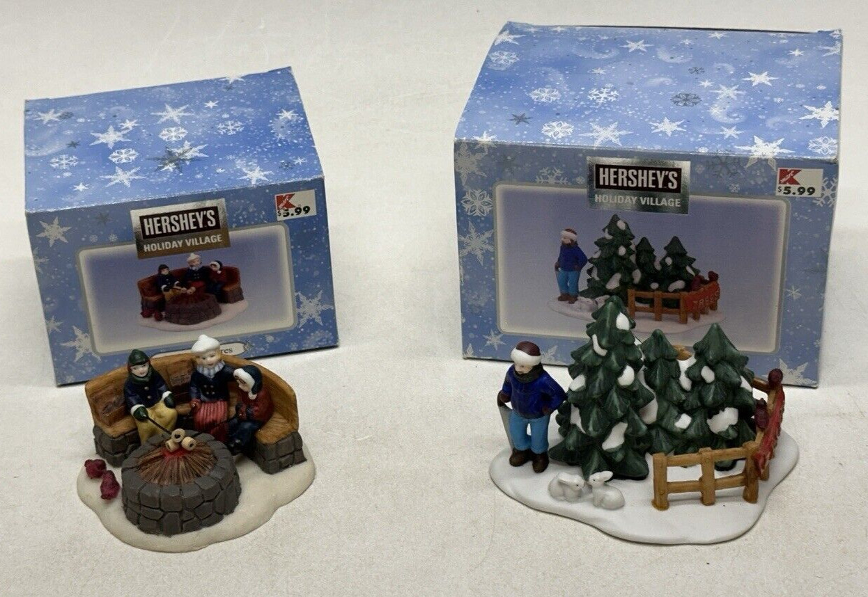 2001 Hershey’s Holiday Village Making Smores Tree Lot Christmas Figurine 2 LOT