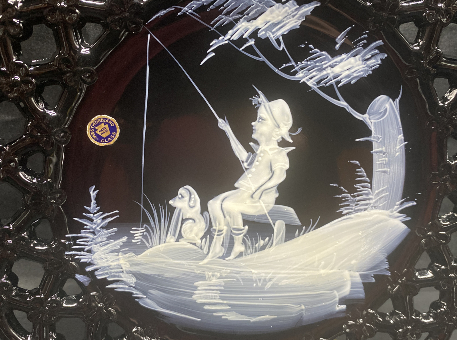 Westmoreland Black Glass Hand Painted Plate w/ Mary Gregory Design BOY & DOG