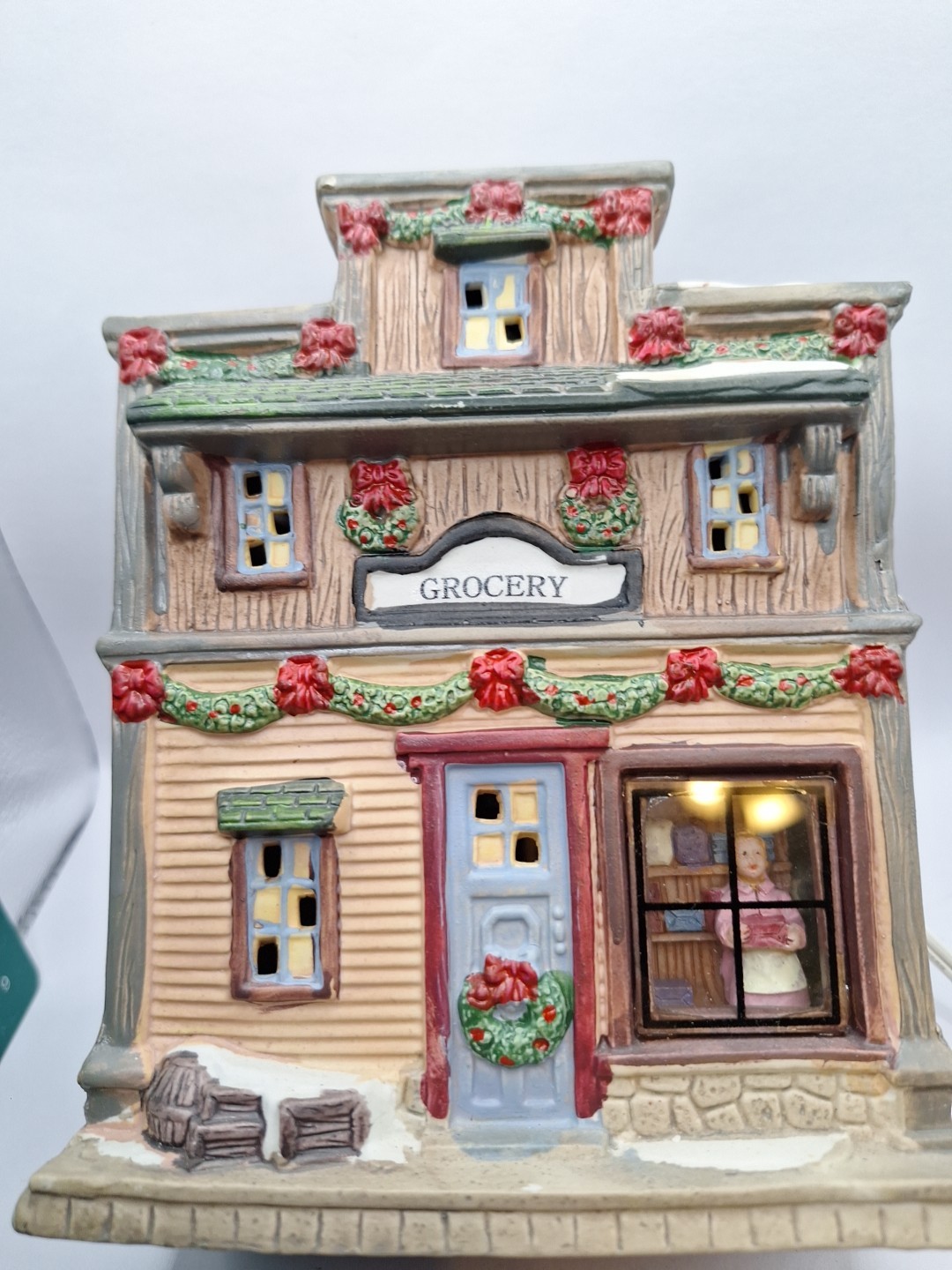 Lighted Ceramic Grocery Store With Diorama Display, Harborside Village? Dept 56?