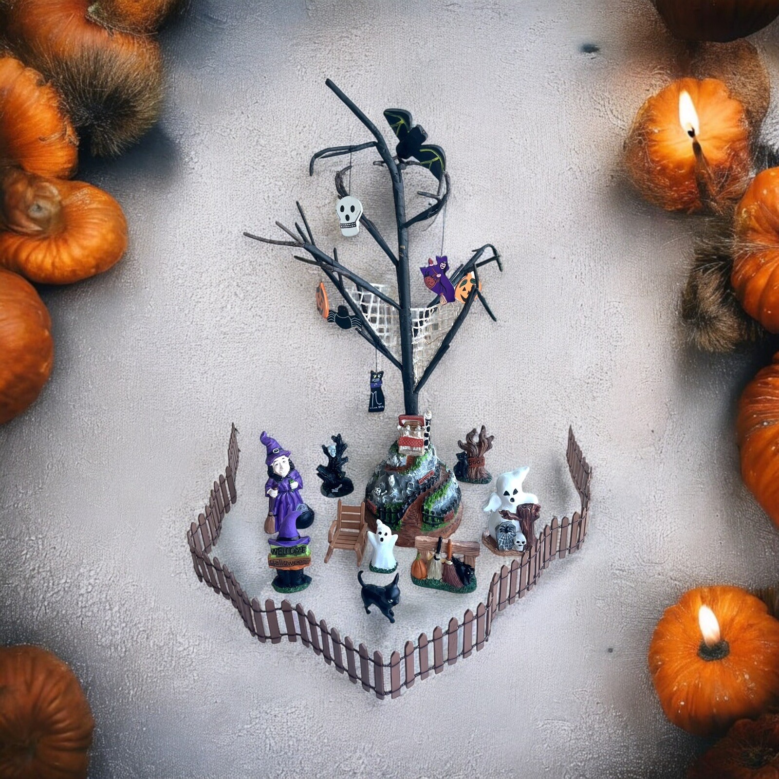 Halloween Village Witch Ghost Cat Tree Village Fence Spooky Decor Vintage Whimsy