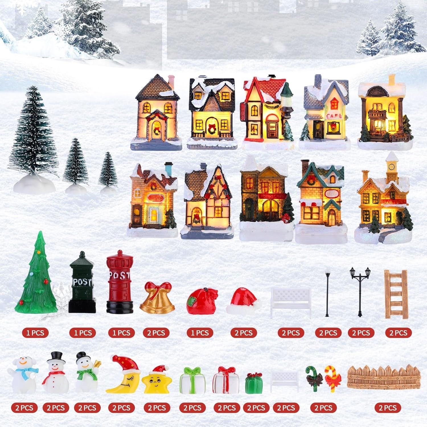 Barydat 60 Pcs Christmas Village Figurines Decor Set Led Lighted Mini Xmas