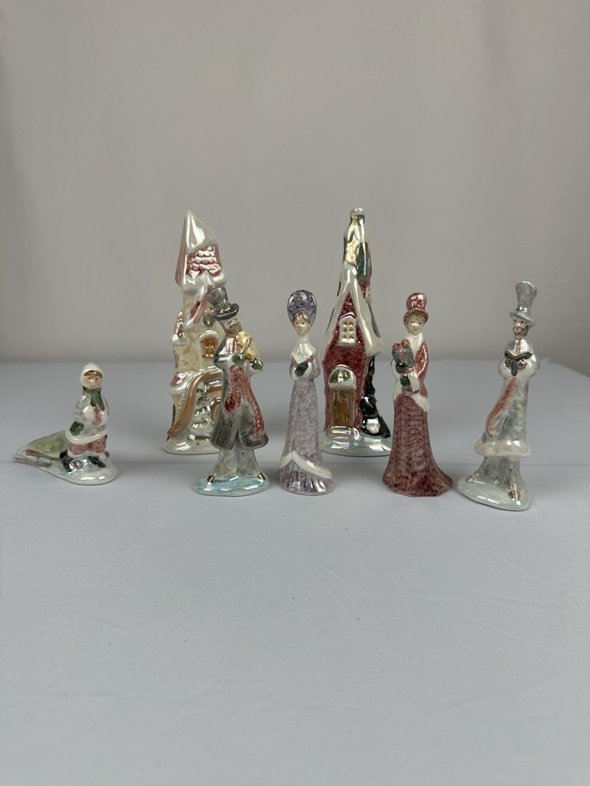 Vintage Iridescent Ceramic Christmas Carolers & Village Houses Set