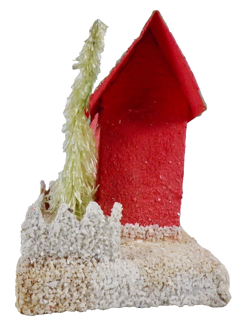 Christmas Putz House Coral Green Roof Glitter Fence Bottle Brush Tree #1225