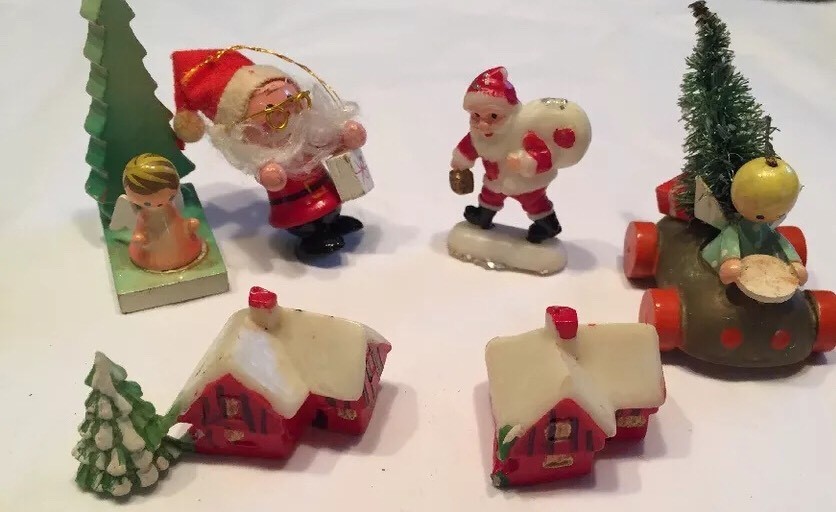 6 Vtg 60s Christmas Ornament Decorations Santa Angel House Tree Miniature