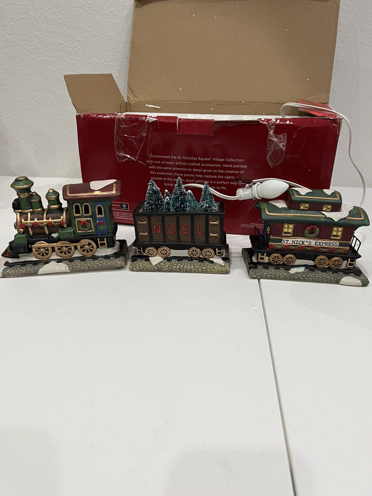 St. Nicholas Square Village Collection Set of 3 Train Set Illuminated With Box