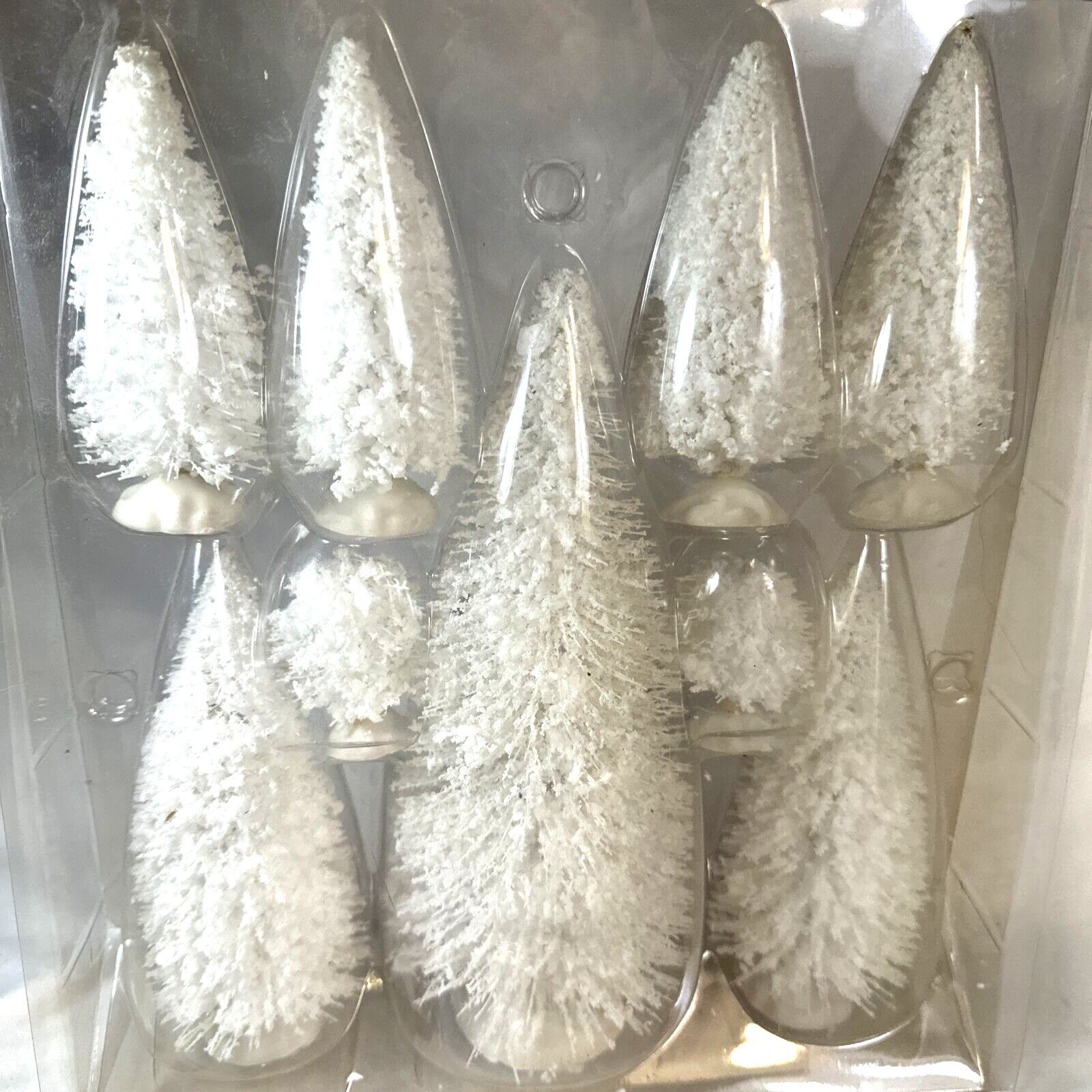 CHRISTMAS VILLAGE WHITE FLOCKED SNOWY FOREST PINE TREES SET OF 9 BRAND NEW