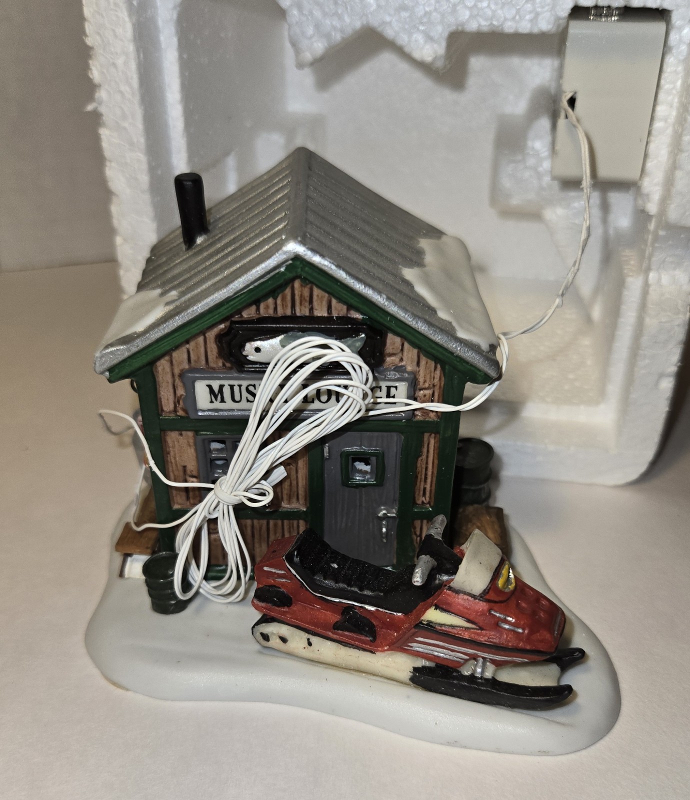 Snowmobile & Lodge Cabin. Village Collection Muskie Battery Lights Poly-Resin.