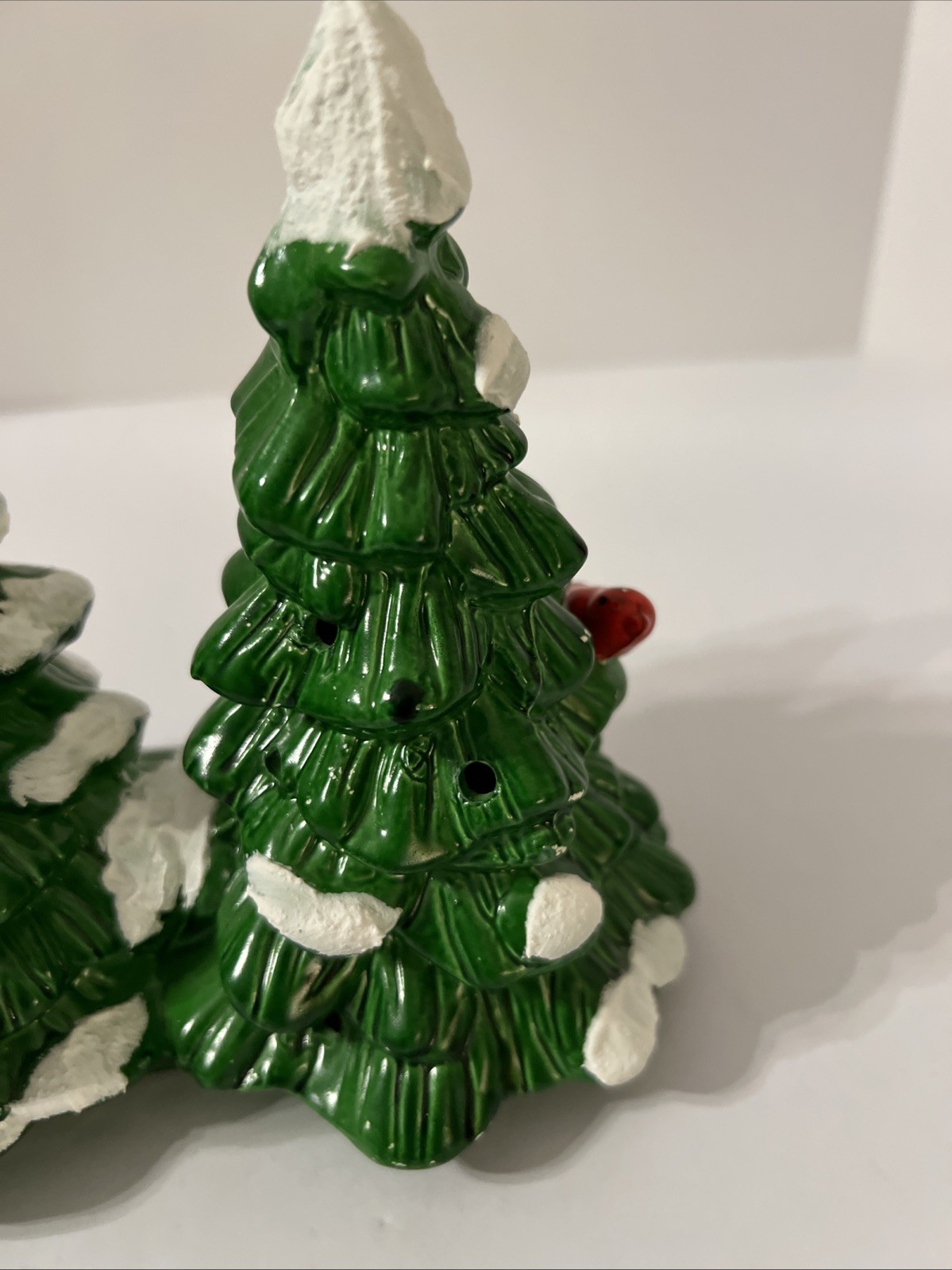 Vintage 1984 Dept 56 Light Up Double Tree Snowy Christmas With Red Cardinal