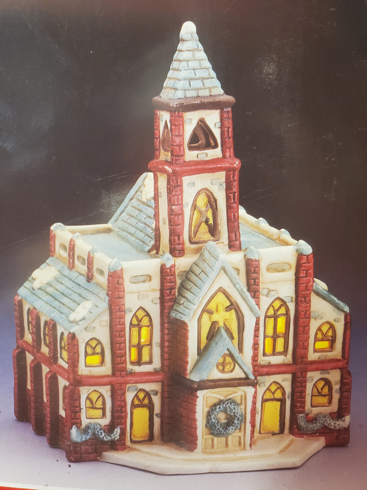 Holiday Magic Porcelain Church With Steeple 8″ W/Box W/Lighting