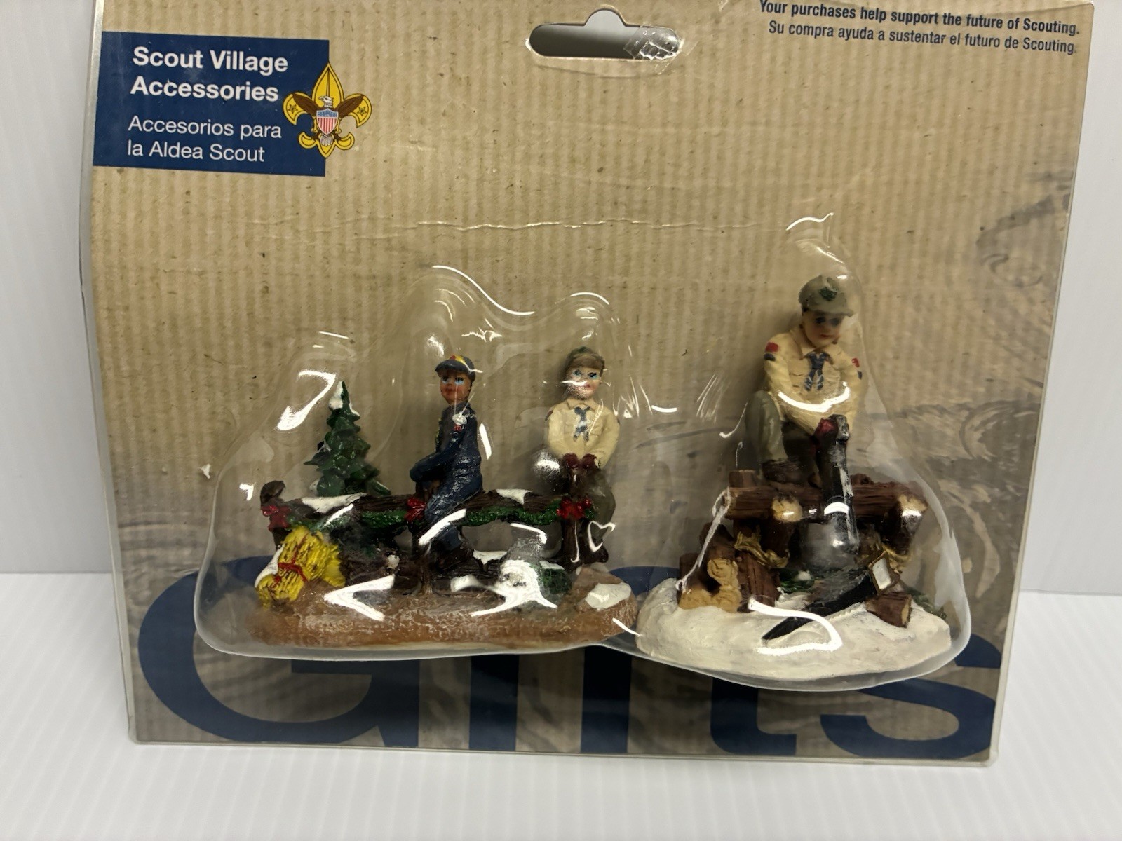 Boy Scouts on Fence, Sawing Wood Christmas Village Accessories Figurine 2013 BSA