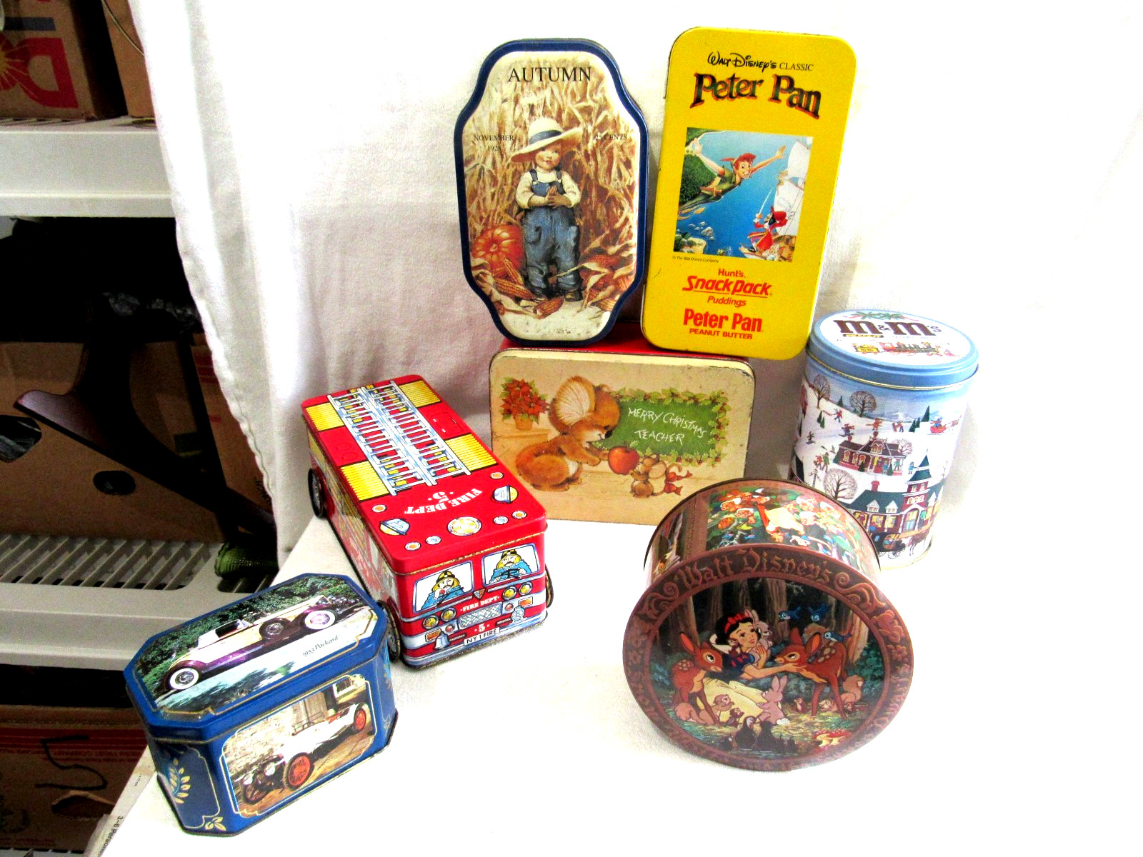 7 Advertising Tins Lot -Snow White,Texaco, M&M, Peter Pan,Fire Dept, Good House+