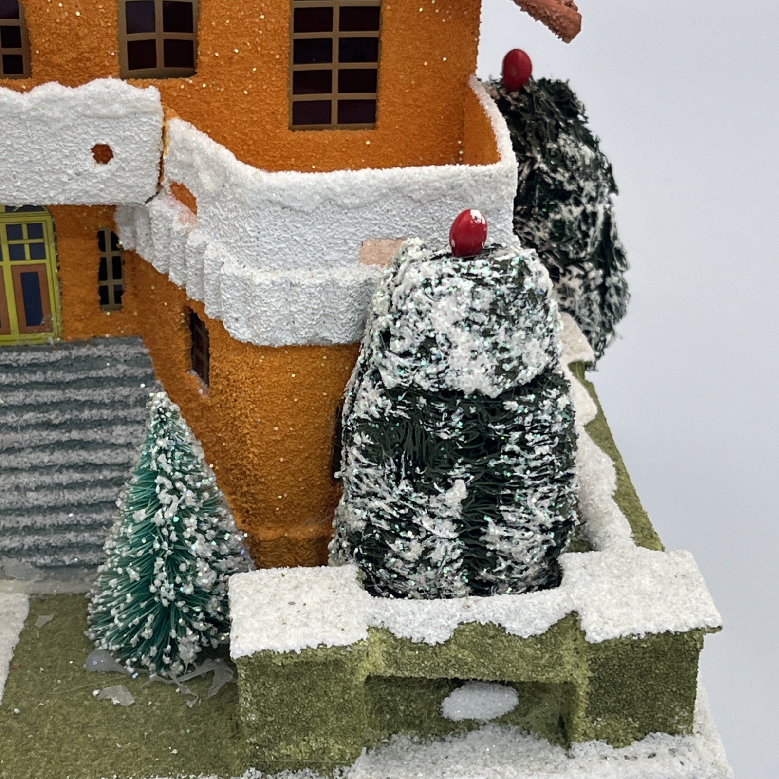 Christopher Radko Shiny Brite Orange Mansion Putz House Snowman Dog Balconies
