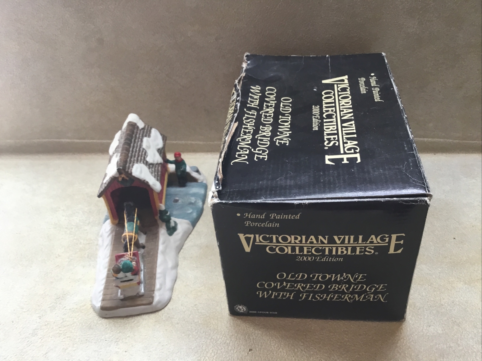 Old Towne Covered Bridge With Fisherman; Victorian Village Collectibles 2000