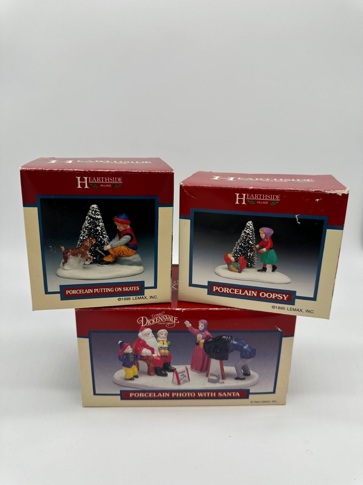 3 Lemax Dickensvale Hearthside Village Photo w/ Santa, Oopsy, Putting on Skates