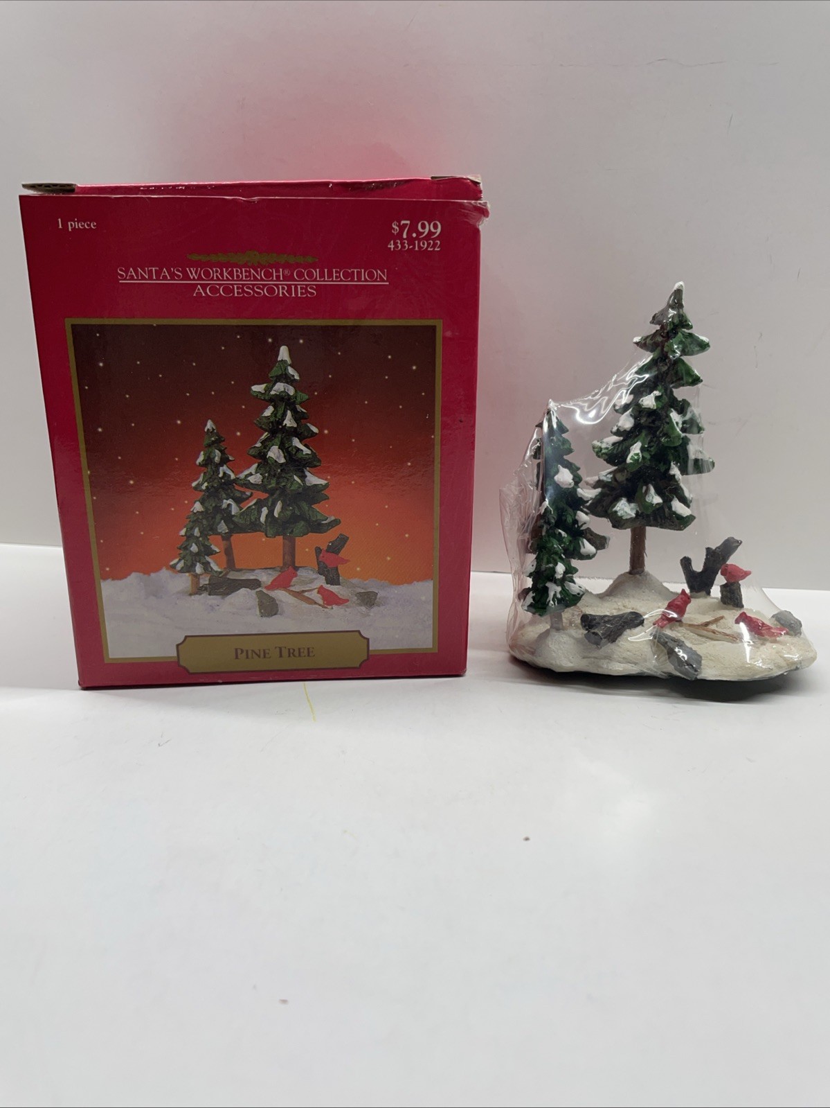 Santa’s Workbench Pine Tree Village Accessory Snow Trees Birds 1998 NIB