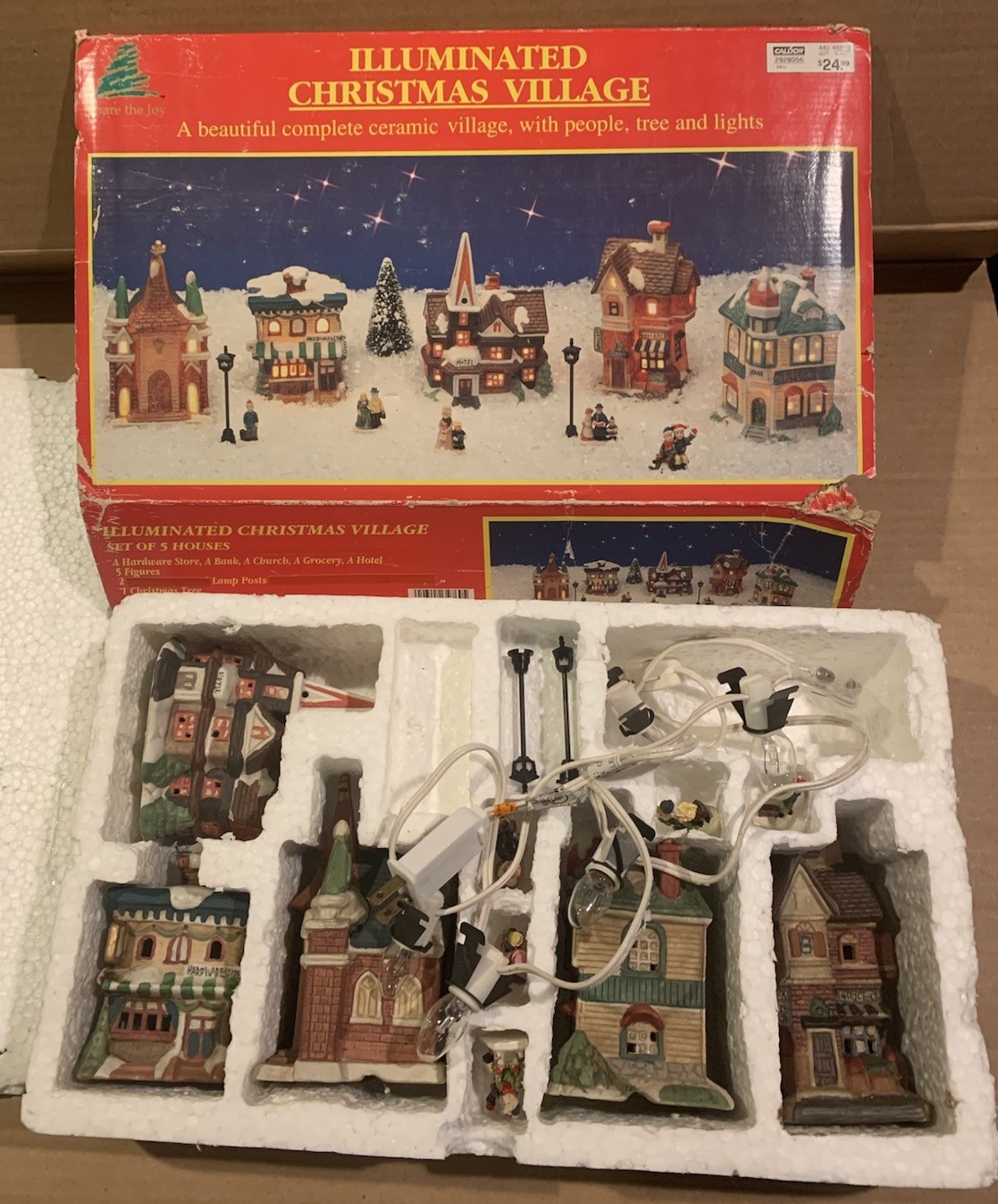 Vintage Illuminated CHRISTMAS VILLAGE House Set Share the Joy Caldor VTG 2928056