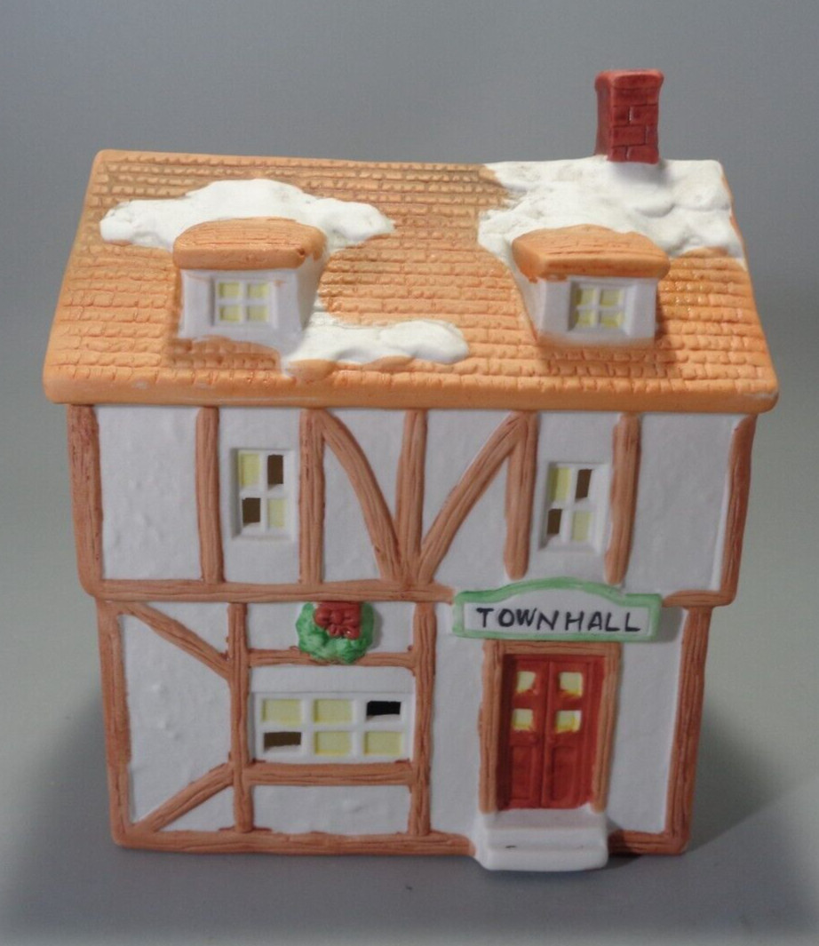 Porcelain Christmas Holiday Building Town Hall Illuminated With Electric Cord