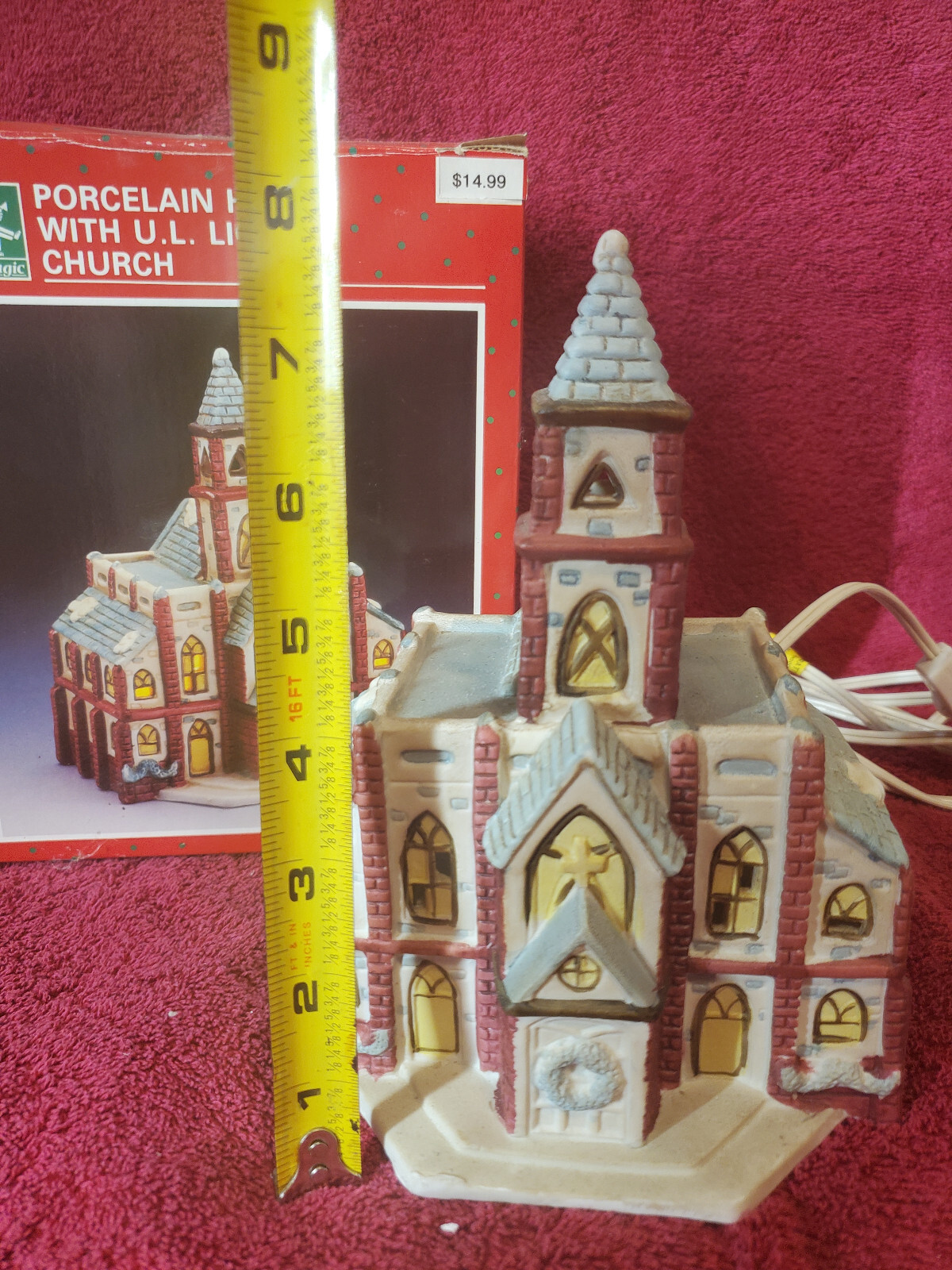 Holiday Magic Porcelain Church With Steeple 8″ W/Box W/Lighting
