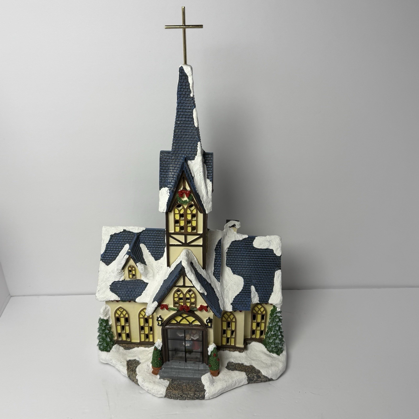 Memories in Time Lighted Christmas Church Village Resin Carolers Snowy 1990s