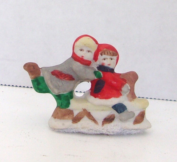 Vintage Snowy Village Children Riding Sled