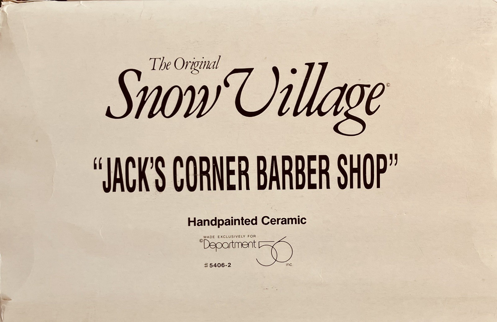 Vintage Dept 56 Snow Village “Jack’s Corner Barber Shop” #5406-2 in Original Box