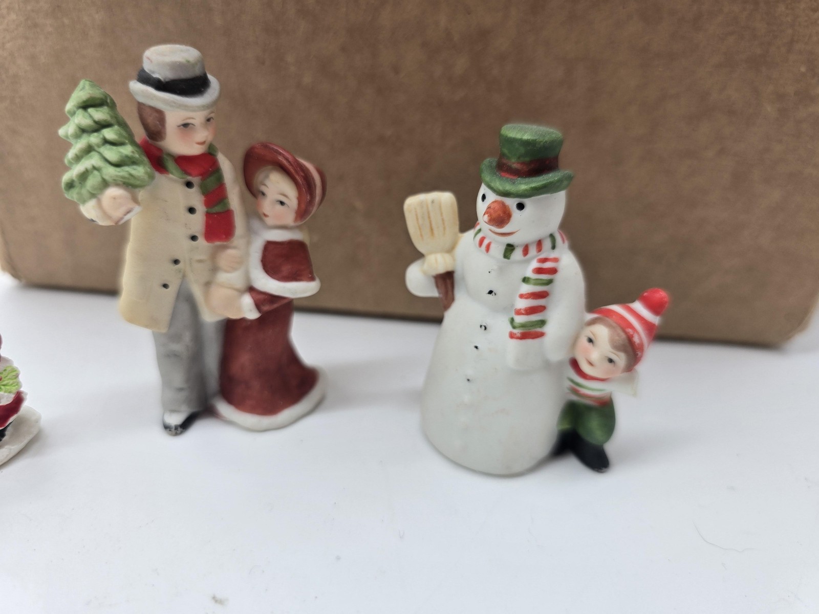 Unmarked Christmas Village Resin Figures Set 4 Snowmen Tree Flag Patriotic Decor