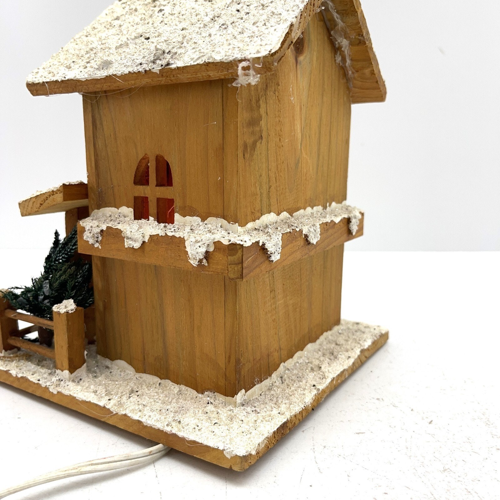 Frosty Wooden Village House Christmas Lamp with Red Lighting Winter Decor