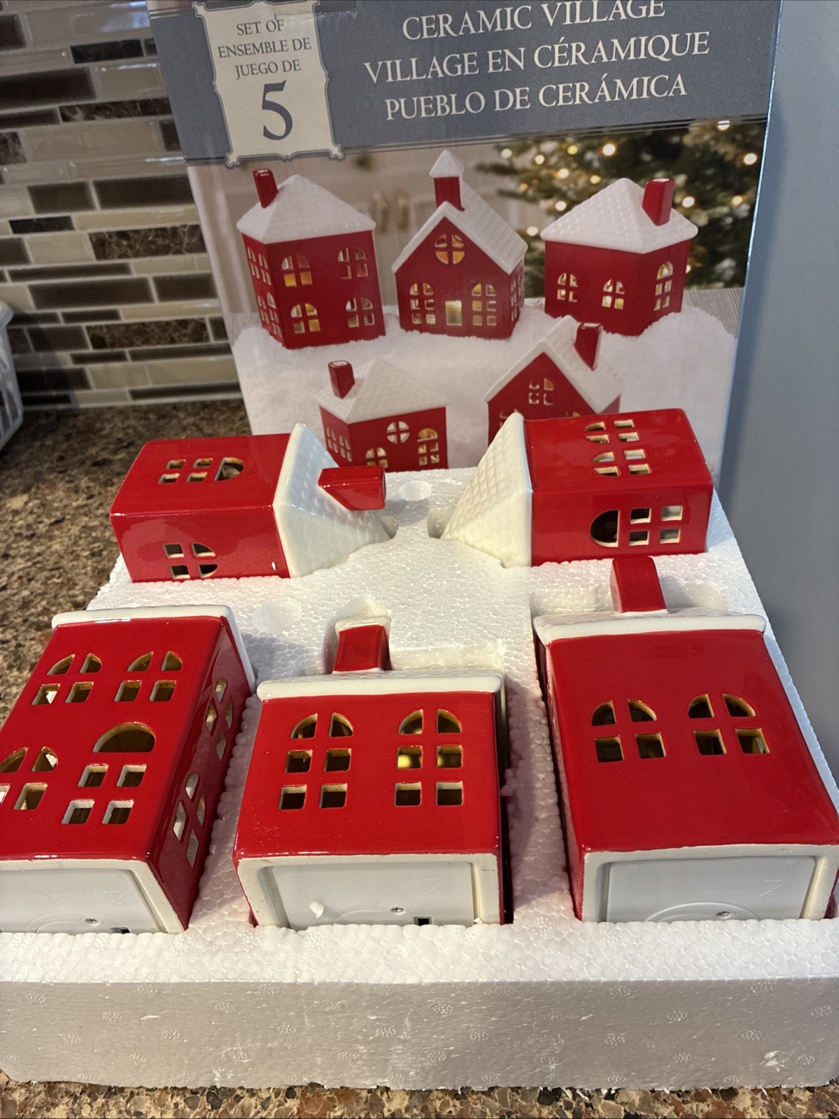 Costco Ceramic Village Set Of 5 Red White Houses Church Christmas Village