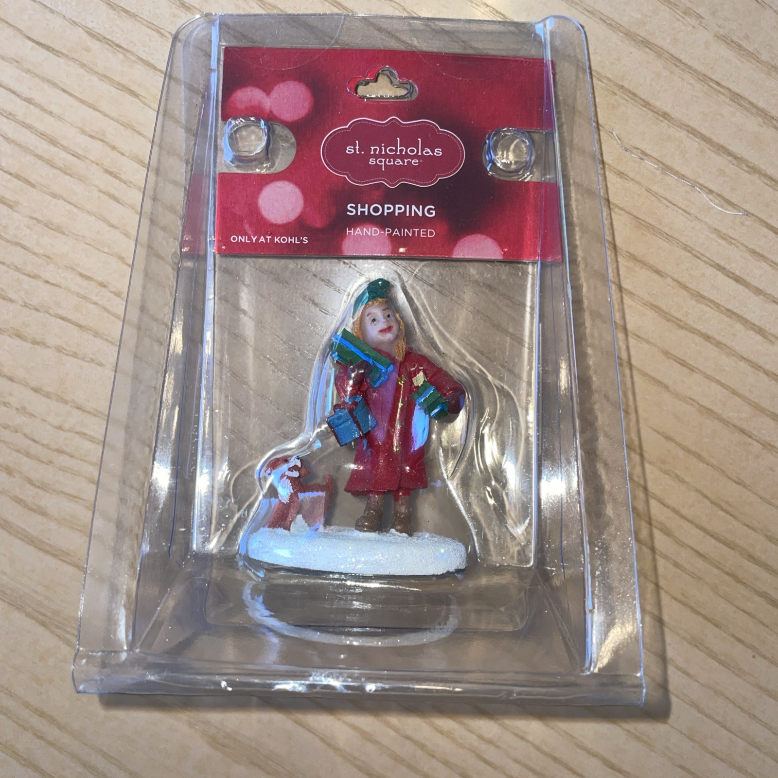 St Nicholas Square Christmas Village Figurine Girl Shopping with Dog