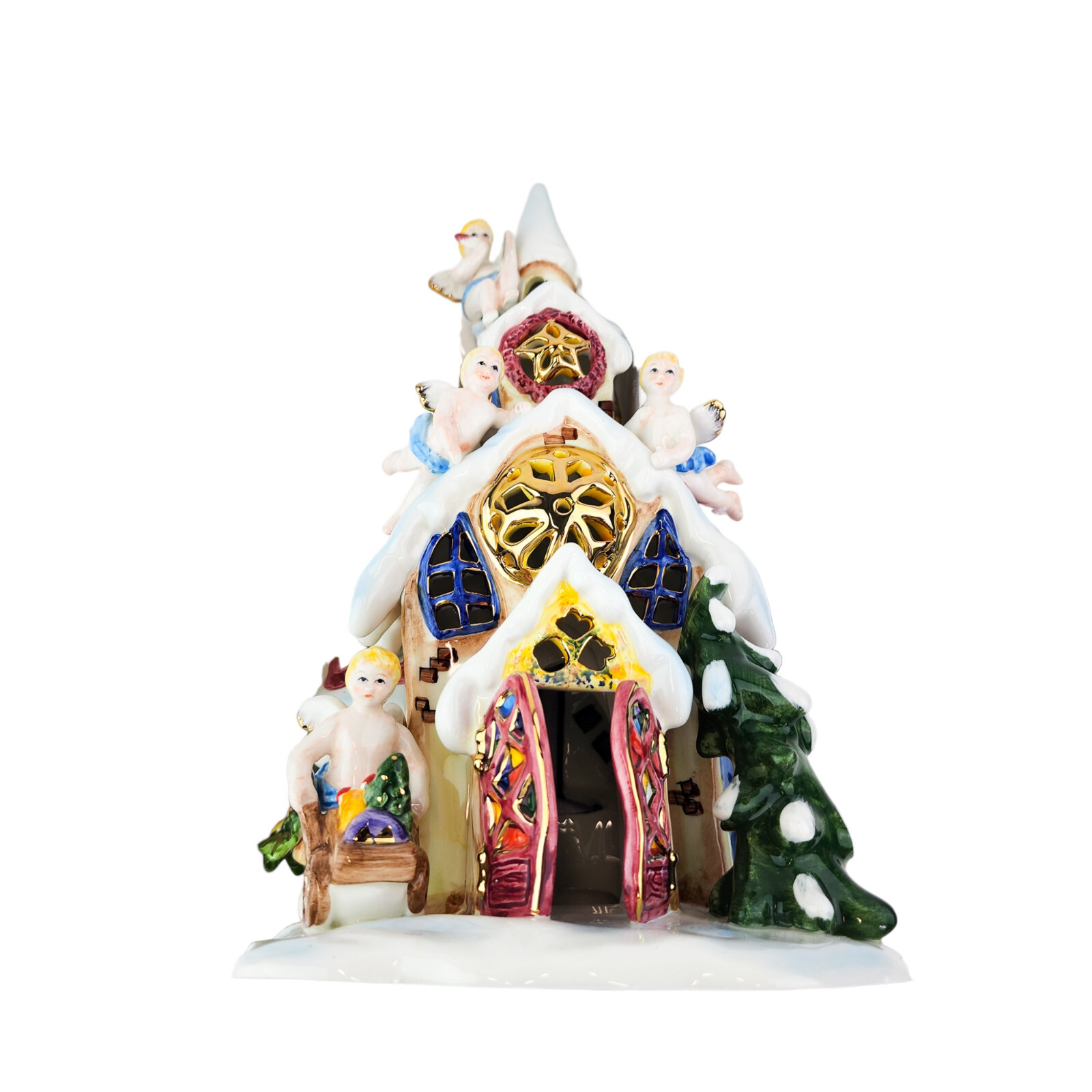 Grandeur Noel Lighted Ceramic Christmas House Church Angels 2002 w/ Box