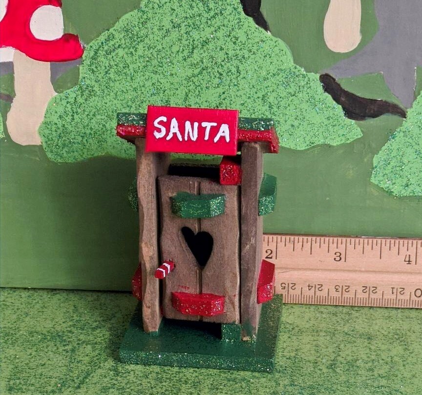 Miniature Christmas Santa Wooden Outhouse Hand Painted Christmas Village Garden