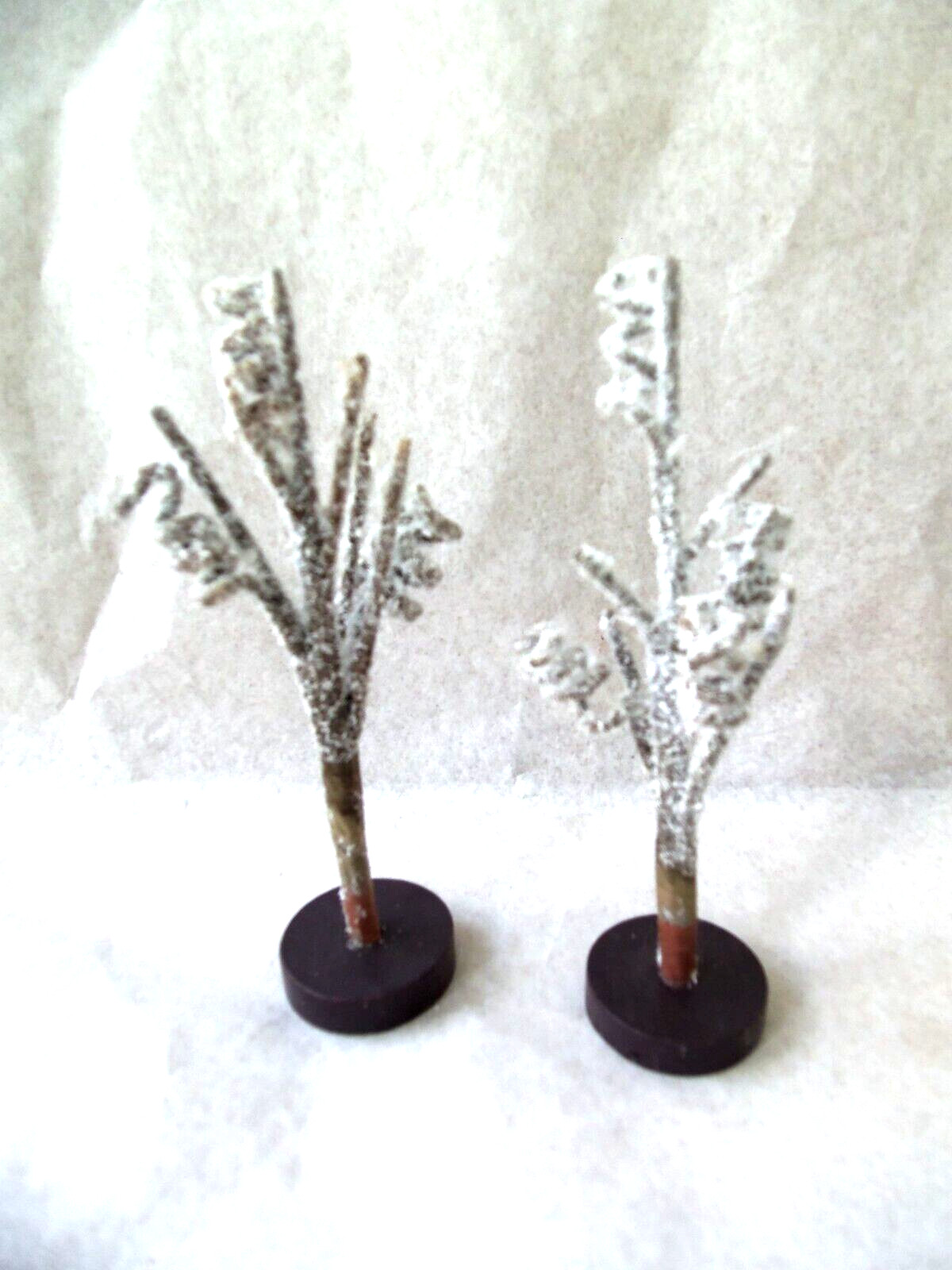 Christmas Village Bare Branch White Flocked Trees! 2! 4 1/2″ TALL! BROWN BASE