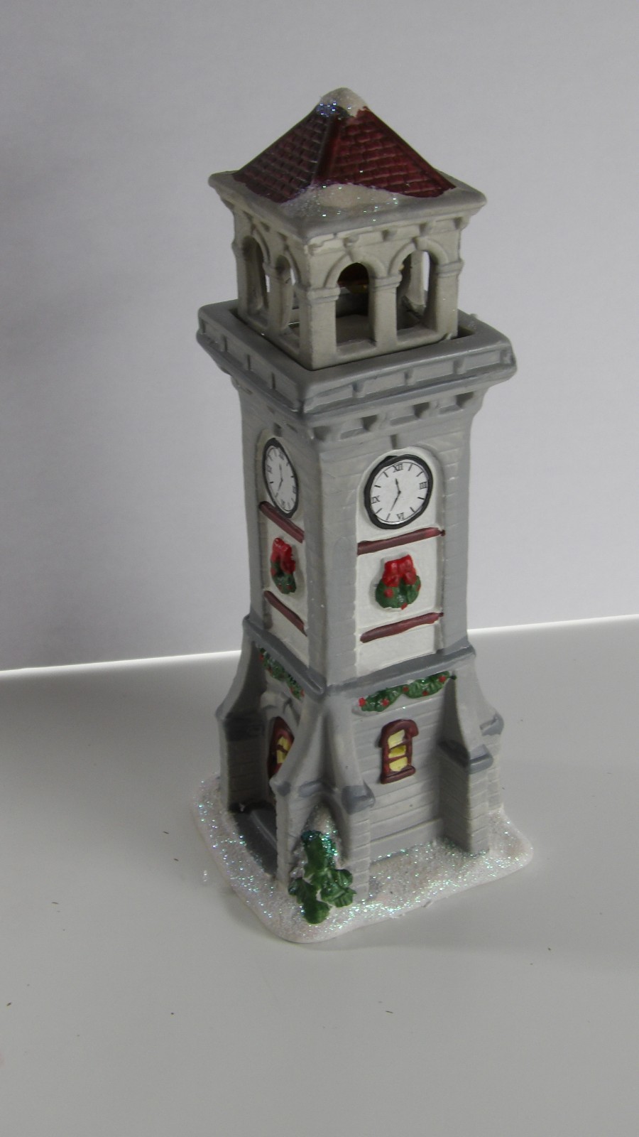 Ceramic Village Bell and Clock Tower Building, Glitter Snow Accents.