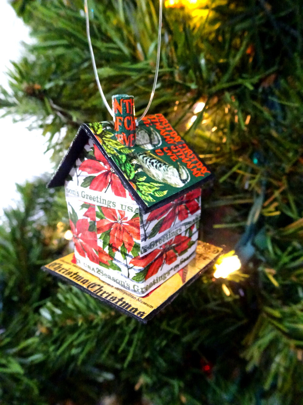 1 Handmade MINI Cancelled Postage Stamp POINSETTIA HOUSE ORNAMENT 2″ x 1-1/2″