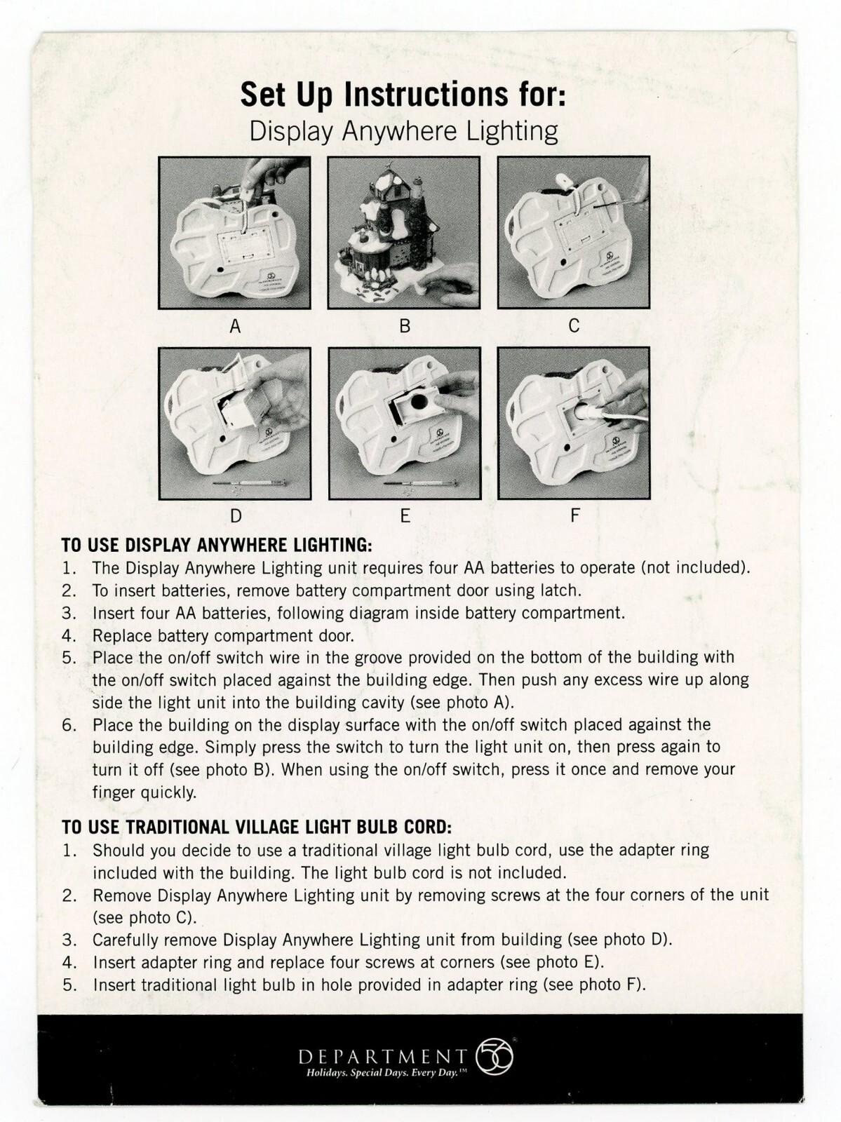 Dept 56 Snow Village Set up Instruction Sheet for Display Anywhere Lighting