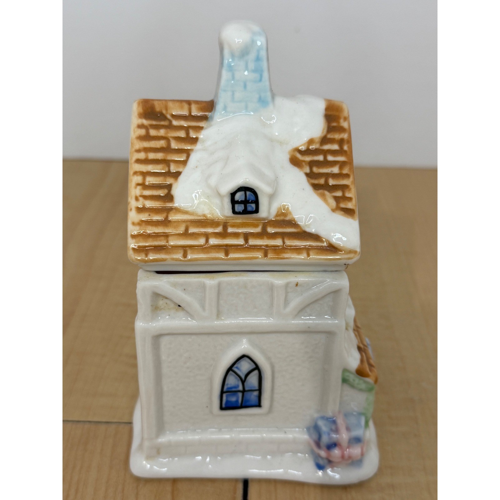 Vintage Ceramic Christmas House Trinket Box Snowy Winter Village Cottage Decor