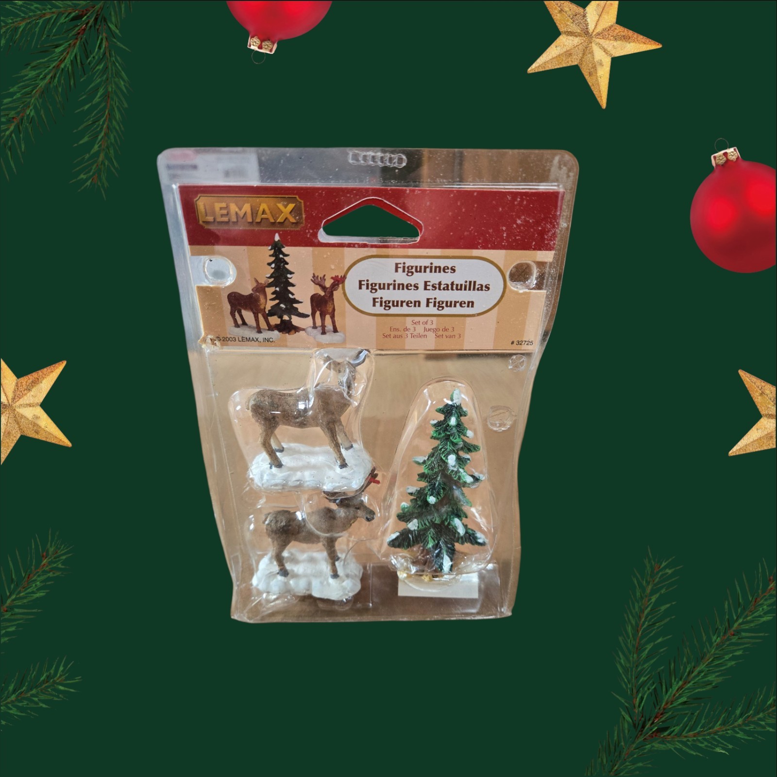 Lemax Set of 3 Mr. & Mrs. Moose & Snow Tree Holiday Christmas Village Figurines