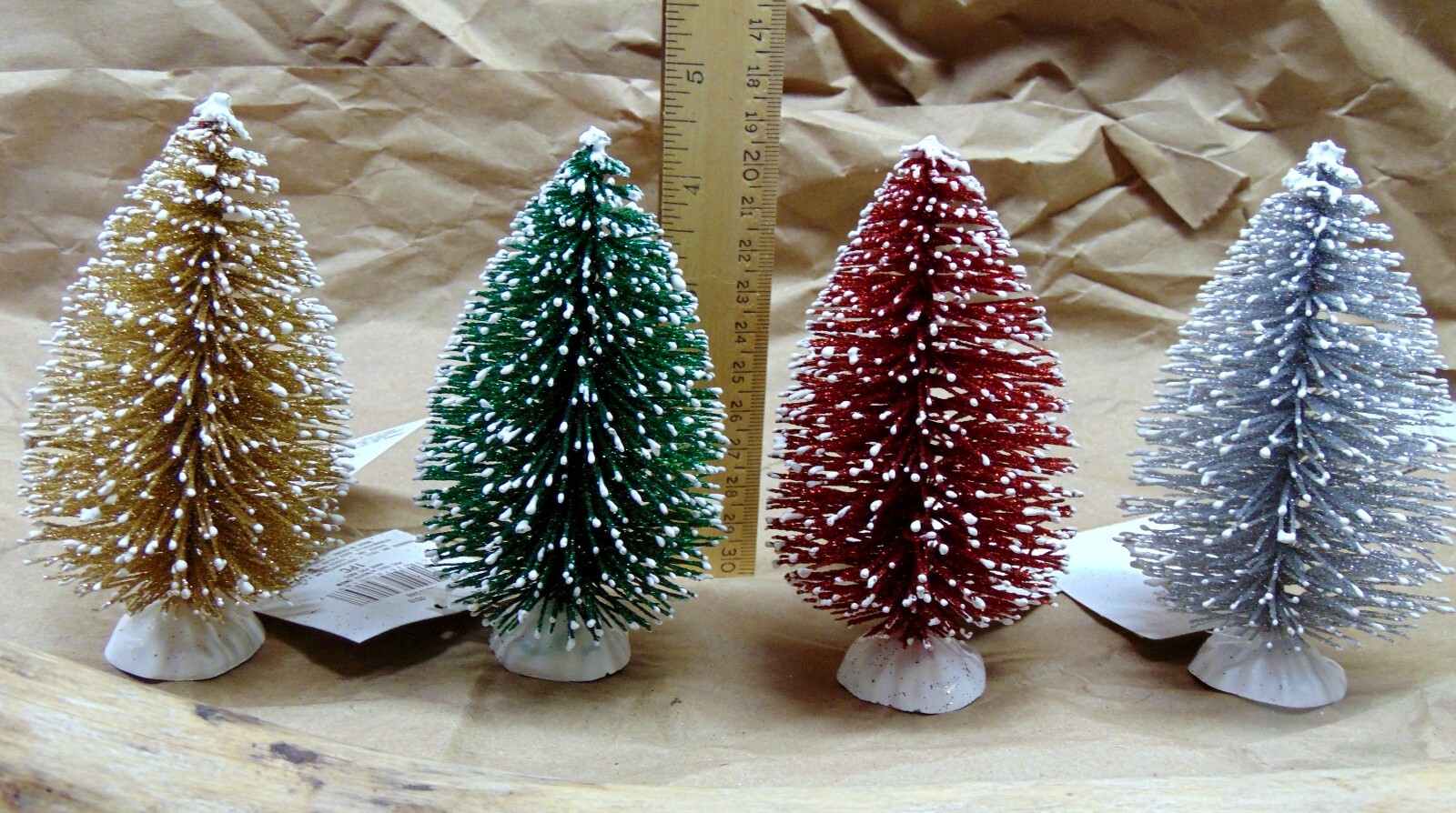 Set 4 Glitter + Snow Frosted Bottle Brush CHRISTMAS Trees 5″ Tall (SIsal style)