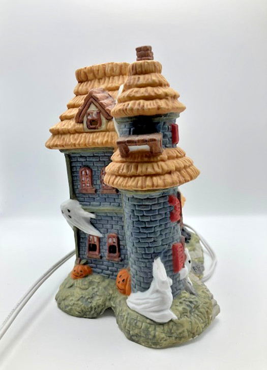 Vintage Porcelain Illuminated Haunted House 7″ Tall w/Cord Ghost with Cross