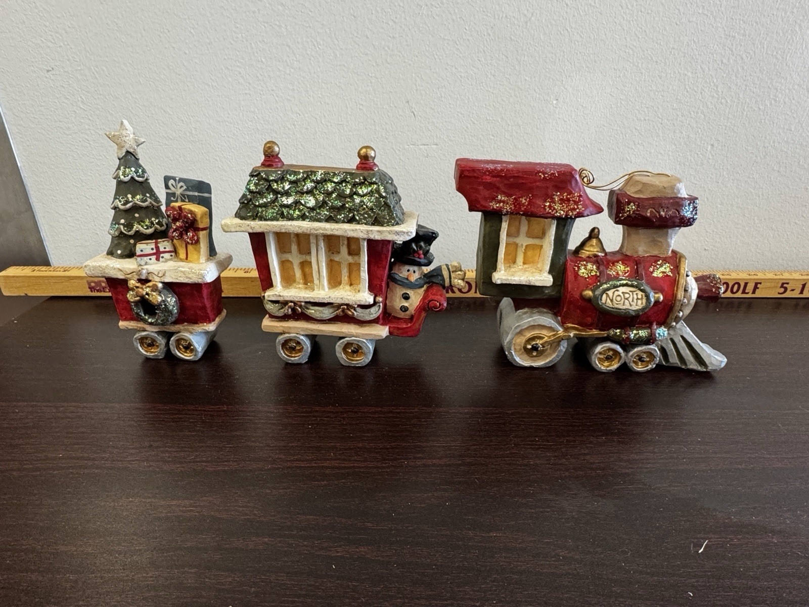 Vintage Resin Christmas Train Set 3 Piece North Pole Locomotive Snowman Decor