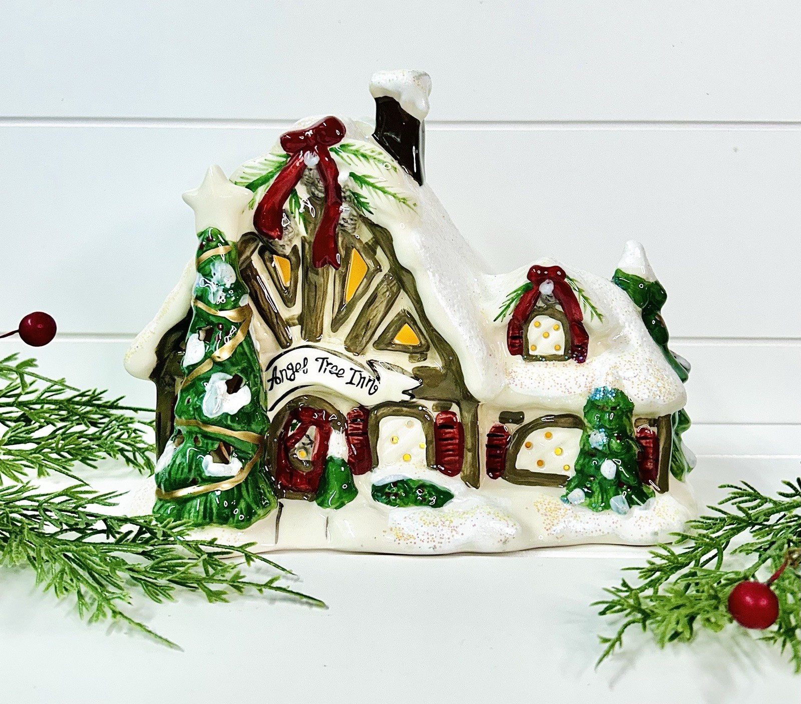 Christmas Candle House Blue Sky Clayworks Angel Tree Inn Reindeer Village 2012