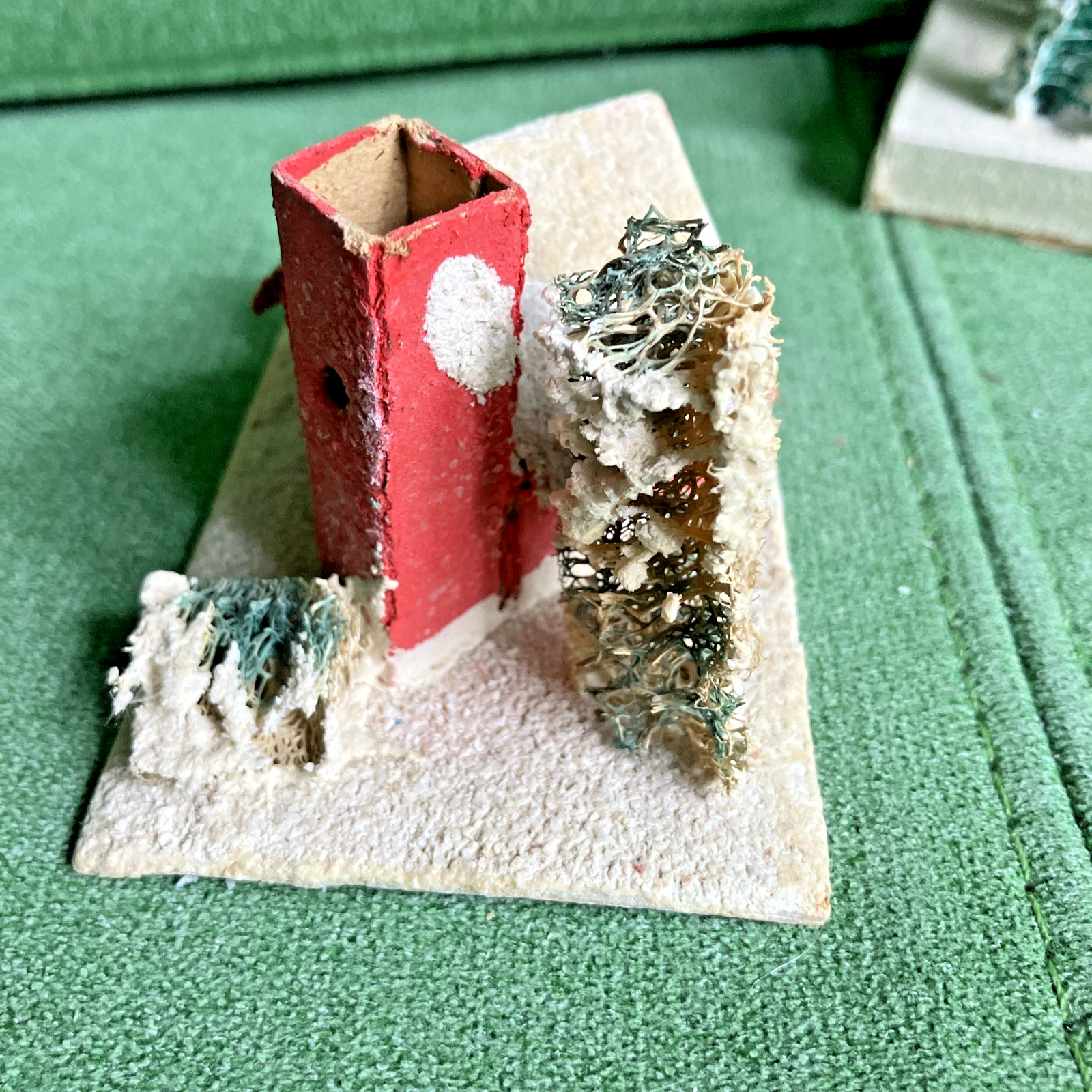 2 Sizes VTG Christmas Putz Houses, Cardboard w Mica Glitter, Windows, Trees
