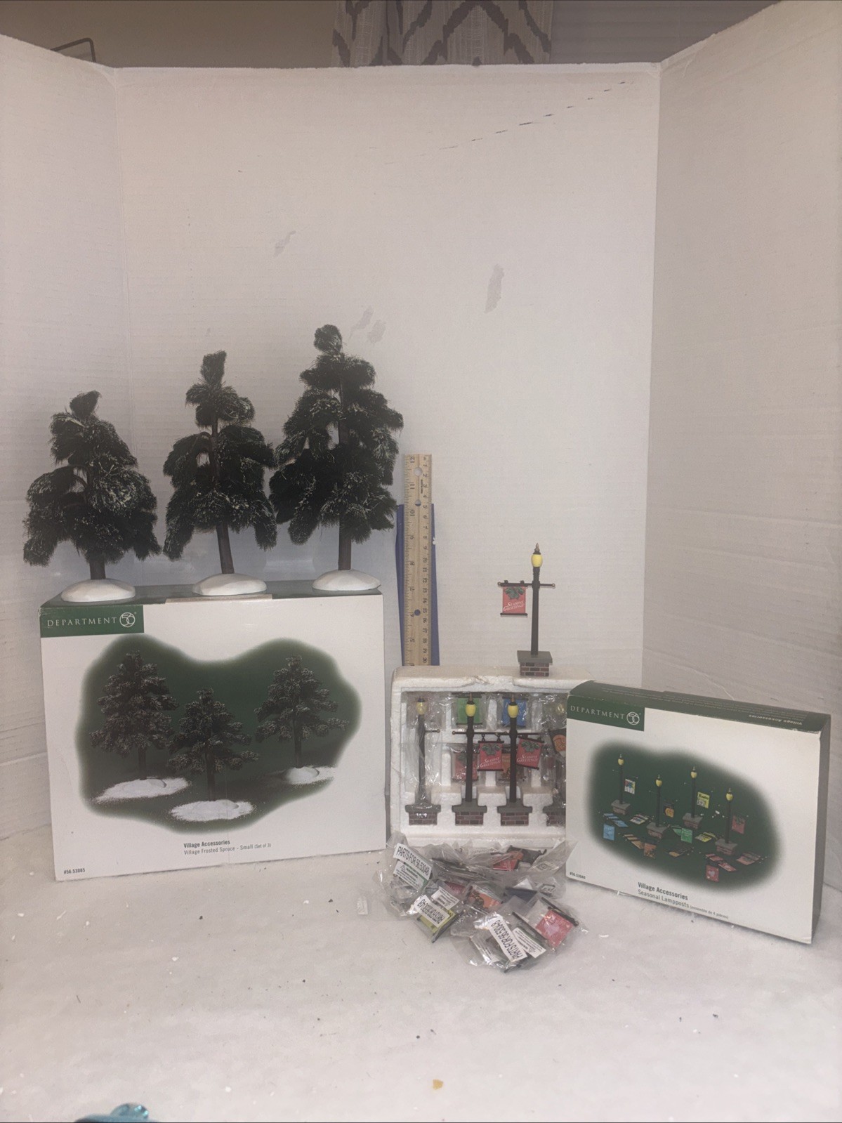 Dept 56 Village Accessory Village Frosted Trees Small #53085 Set of 3 8″ W/lamps