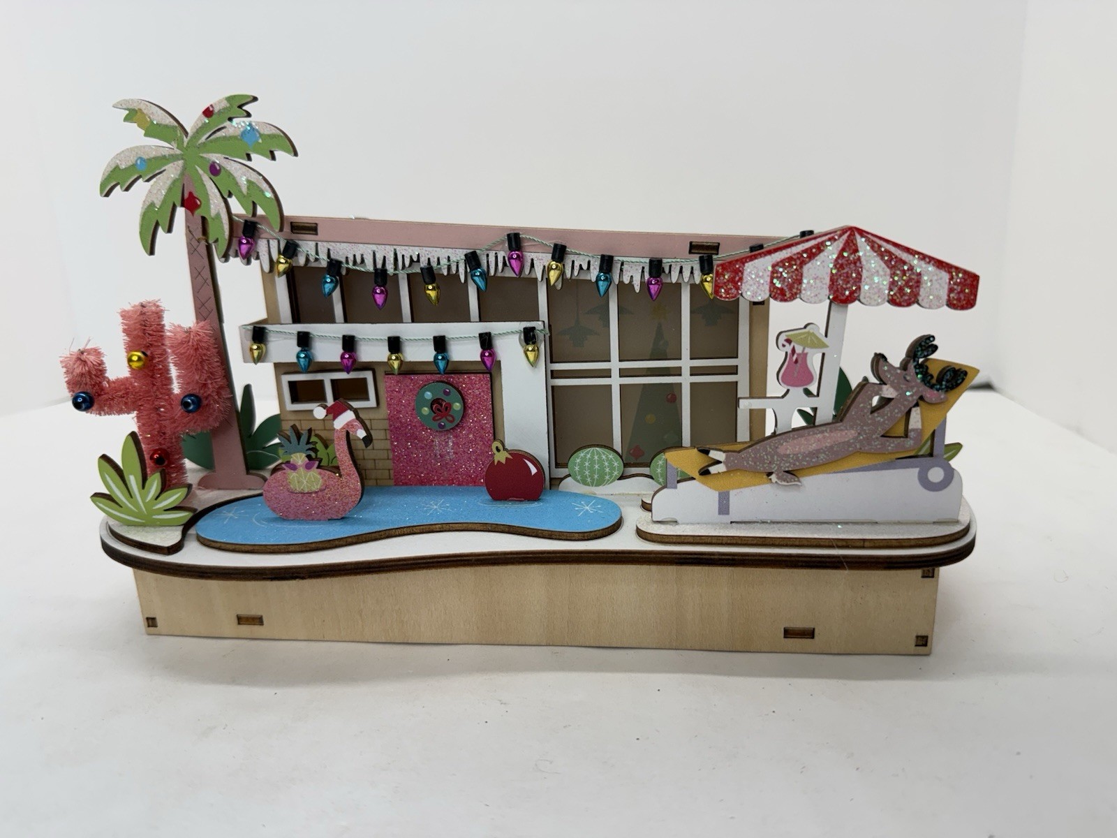 World Market Laser Cut Wood Mid Century Pool House Christmas 2022 Repaired