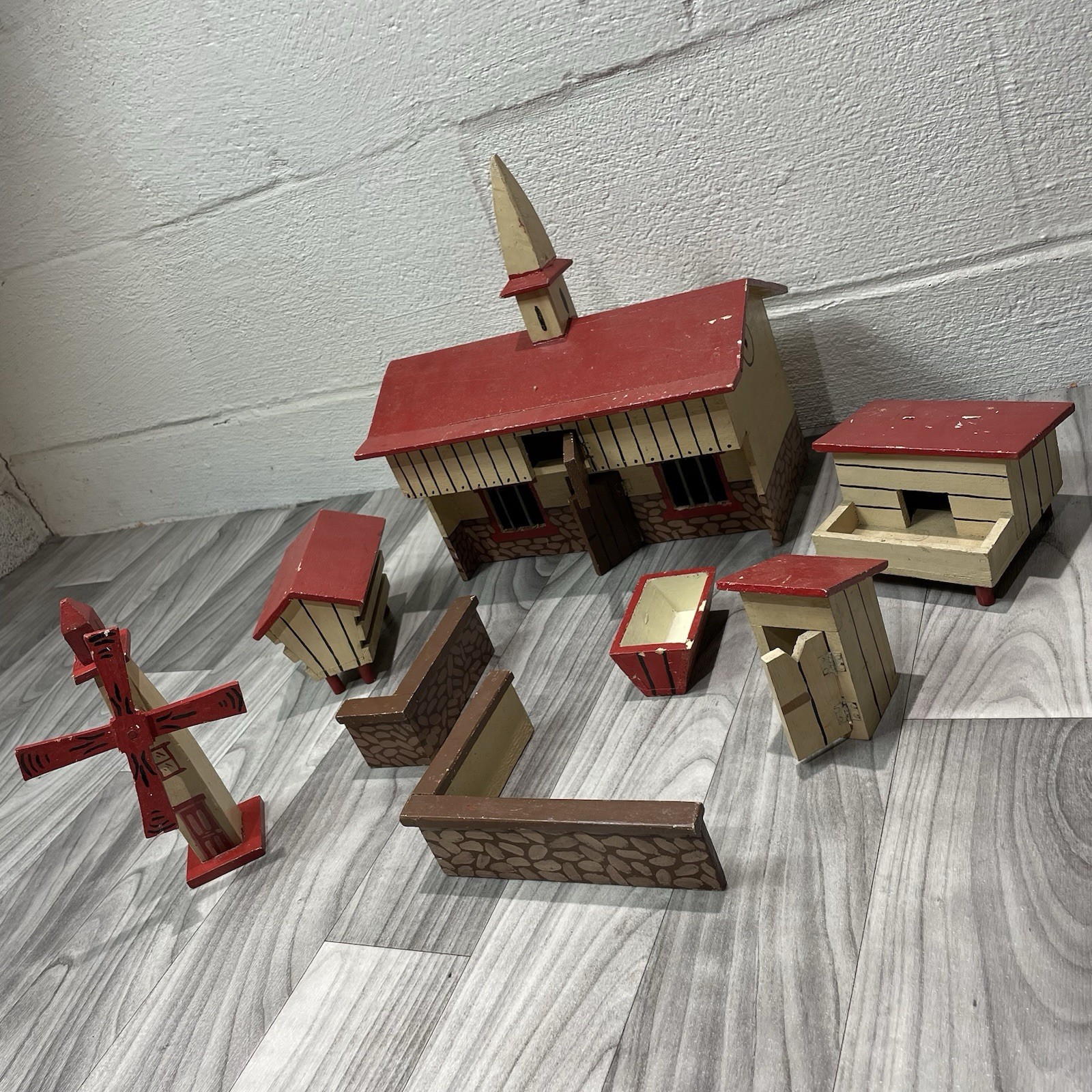 Antique Erzgebirge Putz Wooden Village House Farm Set Carved Litho Model Train