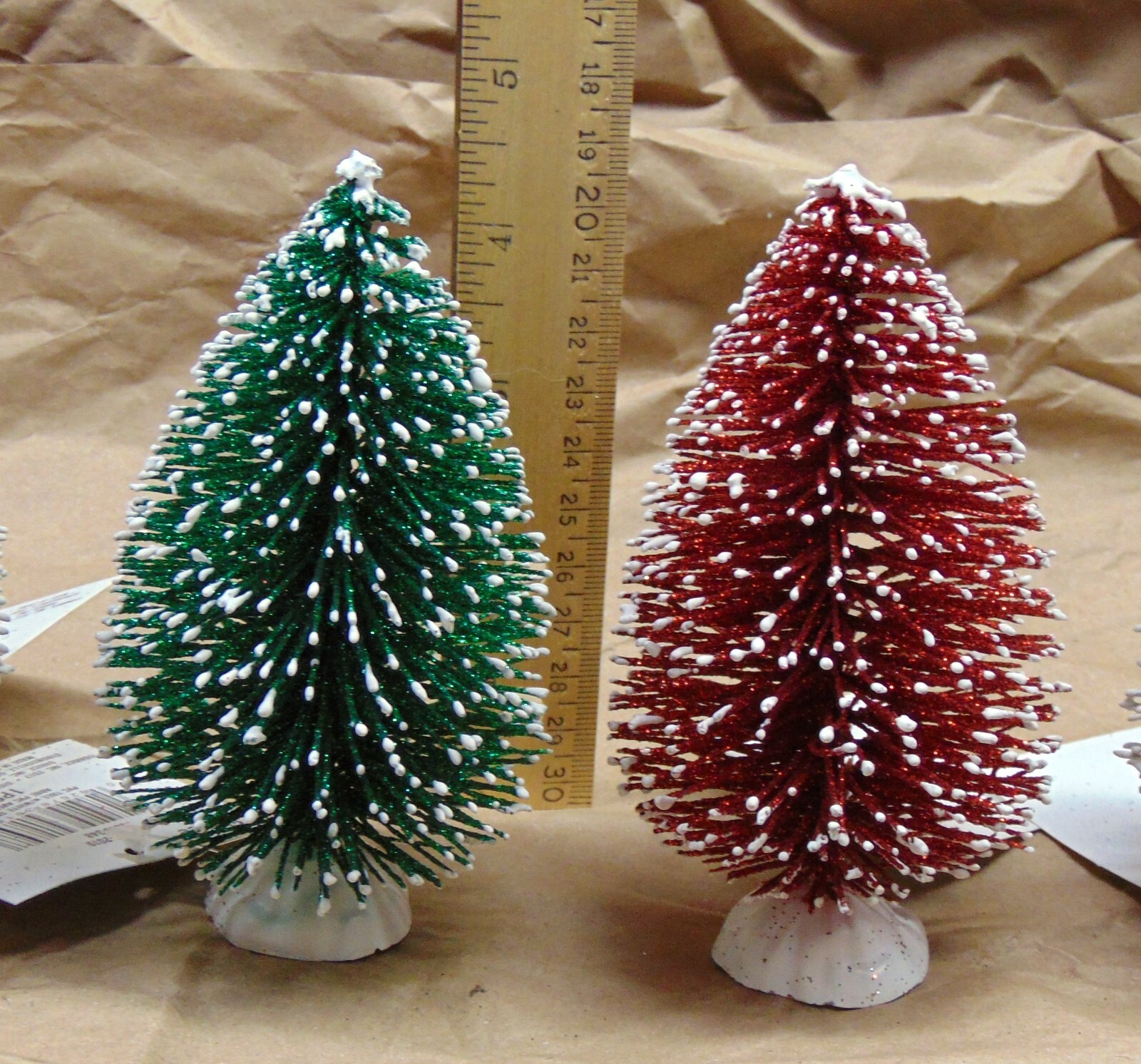 Set 4 Glitter + Snow Frosted Bottle Brush CHRISTMAS Trees 5″ Tall (SIsal style)